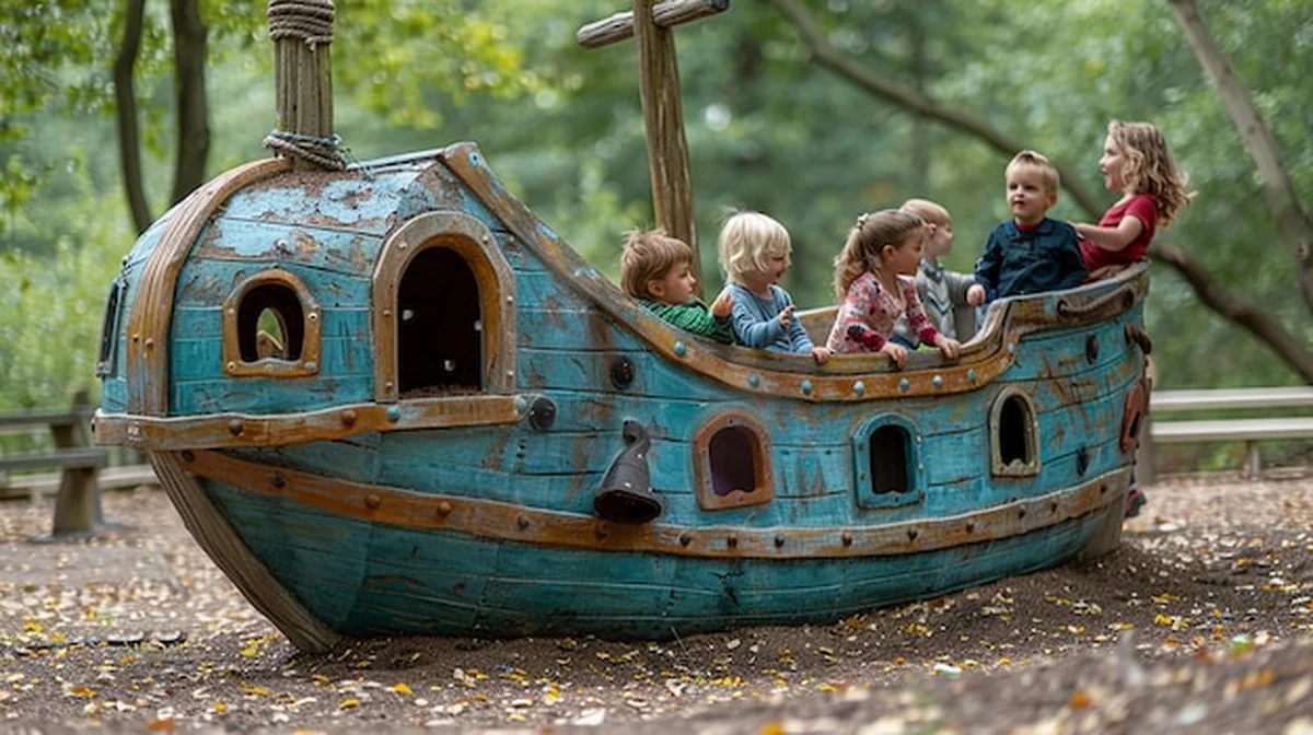 Dzieci bawiące się na placu zabaw na statku piratów
